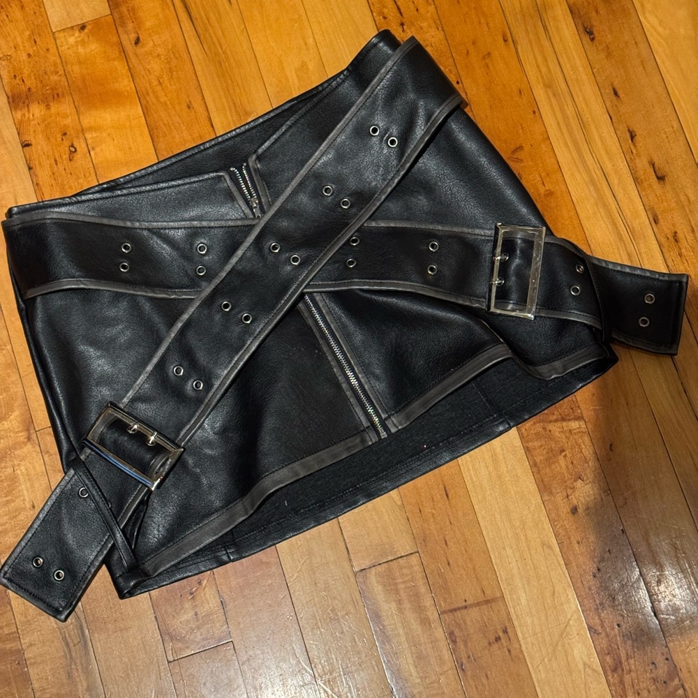 Black Faux Leather Belted Skirt